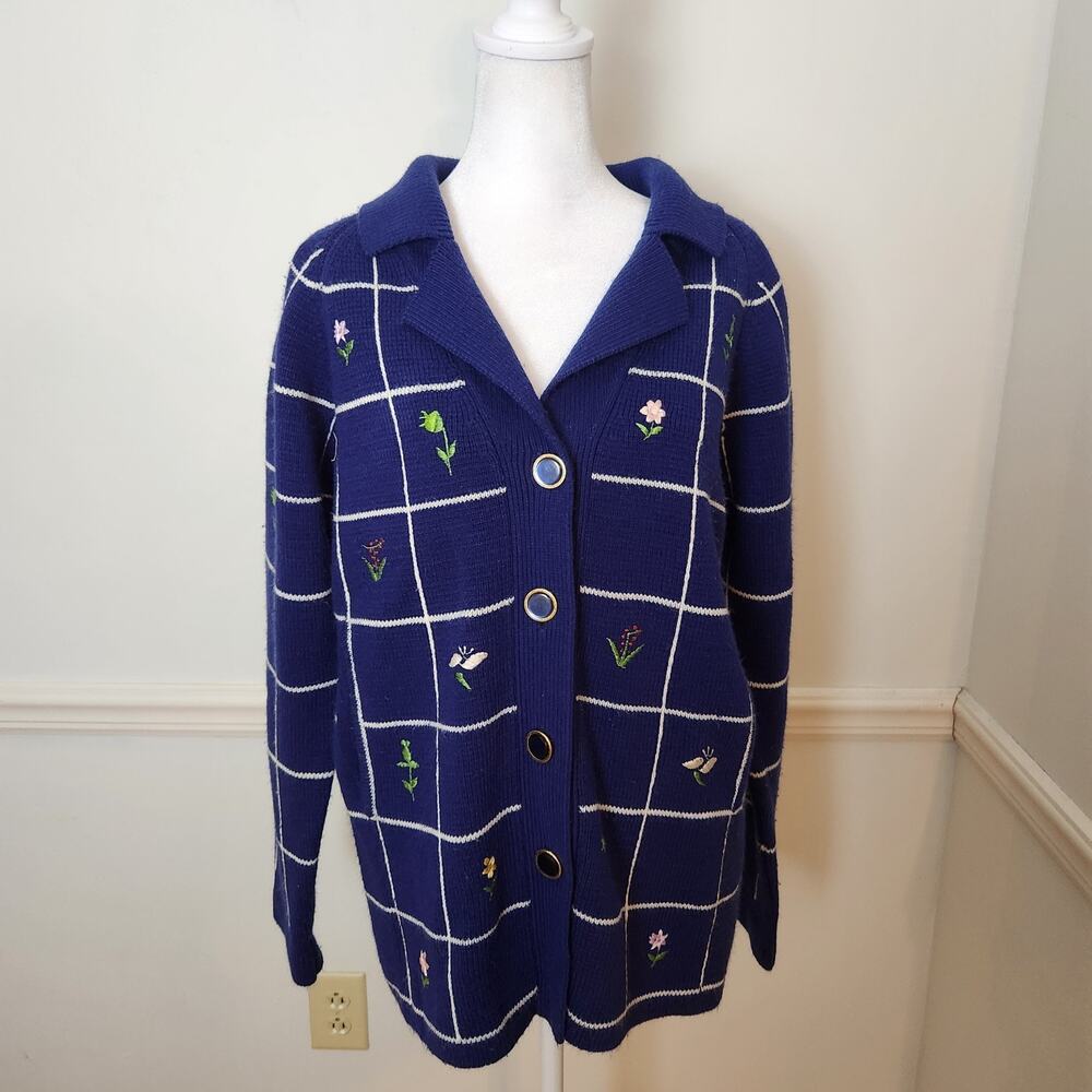 Vtg 60s 70s Lilly Of California Cardigan Sweater Medium Womens Floral Embroider